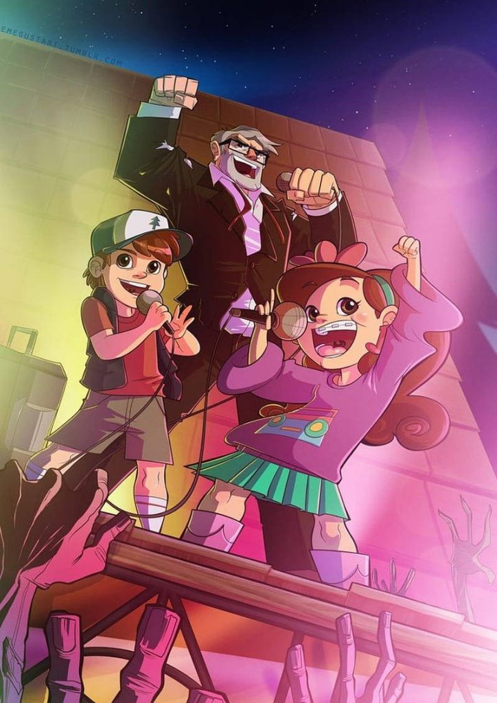 Gravity Falls wallpaper of Grunkle Stan Dipper and Mabel performing on stage with zombies