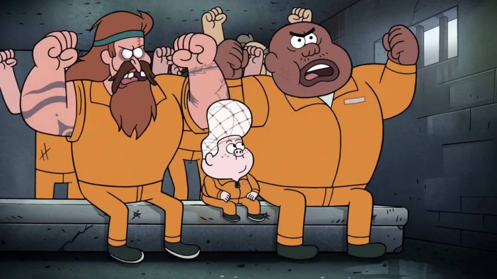 Gravity Falls wallpaper with Gideon Gleeful in orange jumpsuit and muscular cellmates seated