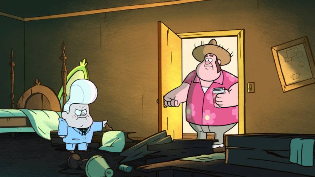 Gravity Falls wallpaper showing angry Gideon pointing at Dad Bud in floral shirt and sombrero in room