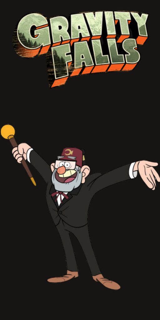 Gravity Falls wallpaper Grunkle Stan in suit and fez with cane under show logo on black background