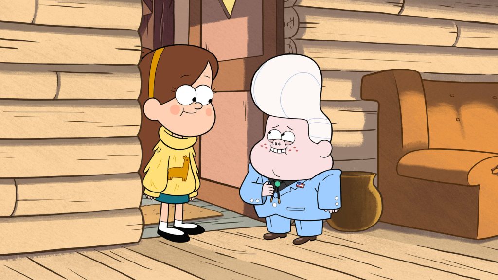 Gravity Falls wallpaper Mabel Pines in llama sweater talks to Gideon Gleeful in cabin