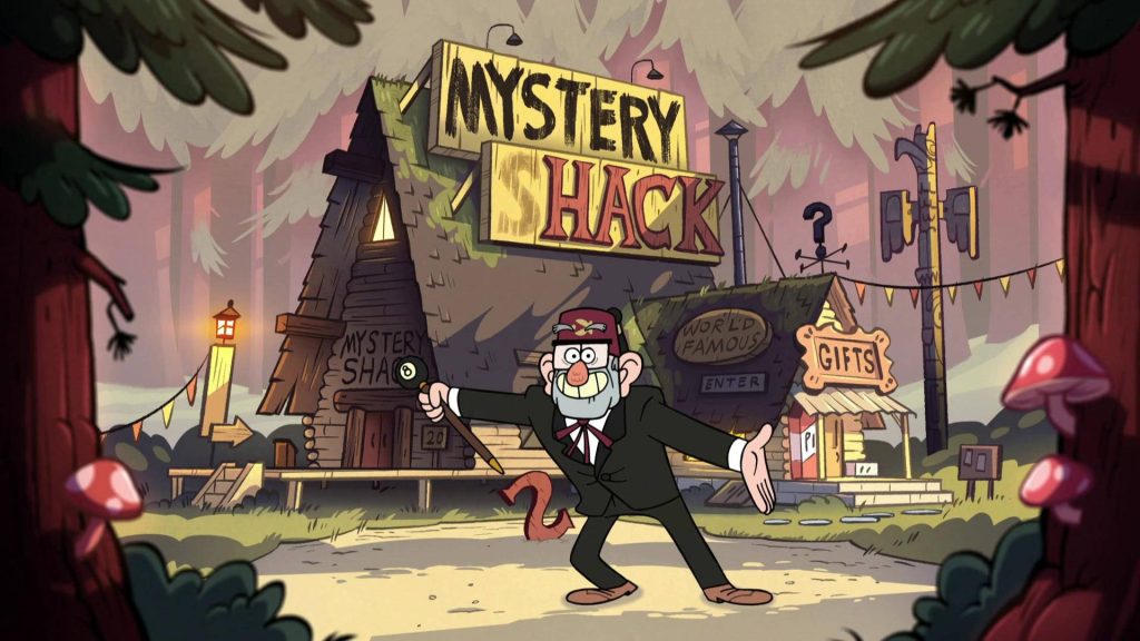 Gravity Falls wallpaper with Grunkle Stan in suit and fez at the vibrant Mystery Shack entrance