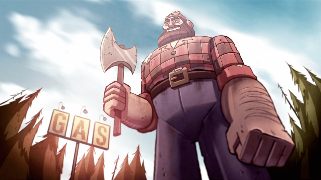 Scenic Gravity Falls Wallpaper: Lumberjack Statue & Tall Trees