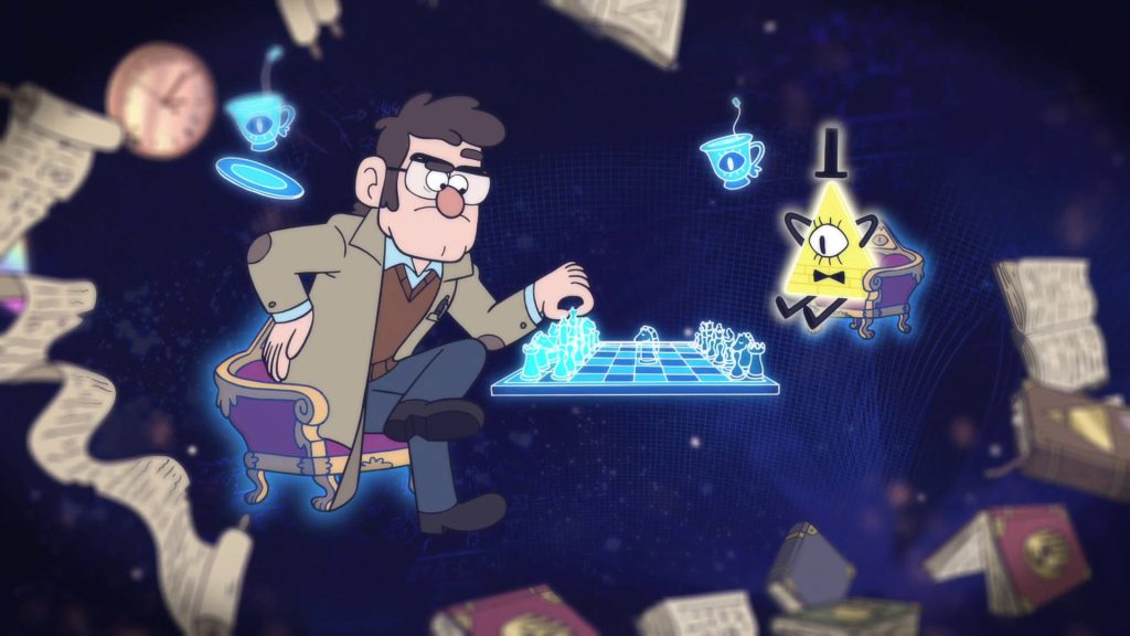 Gravity Falls wallpaper Stanford Pines chess match Bill Cipher glowing blue magic background