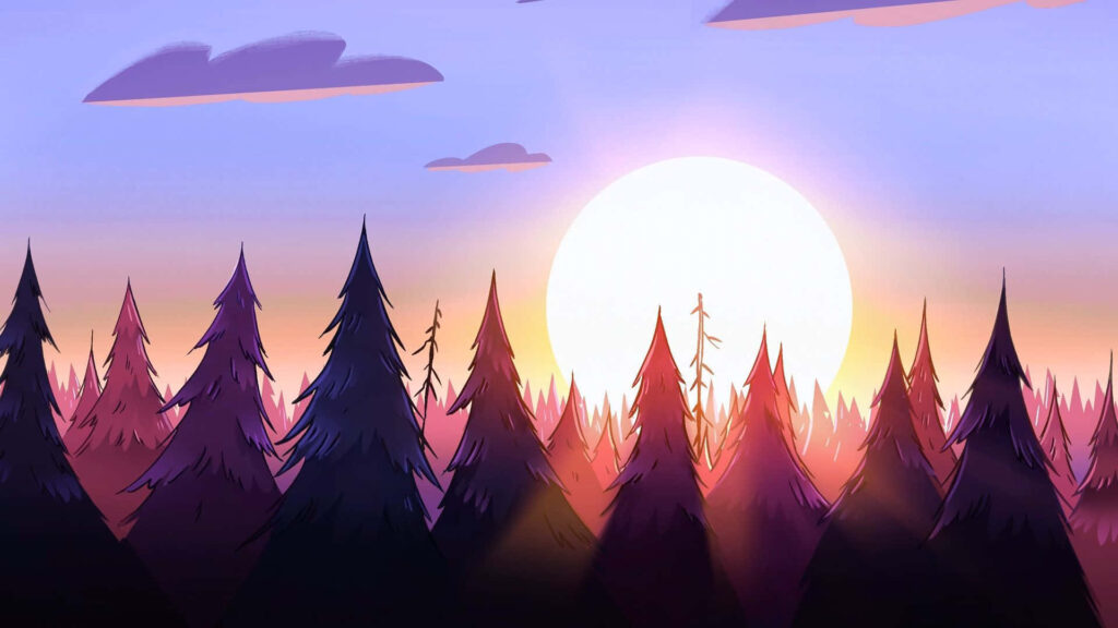 Gravity Falls Mystical Sunset: Enigmatic Pine Forest Wallpaper