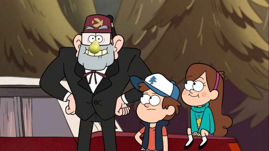 Gravity Falls wallpaper with Dipper Mabel Grunkle Stan cartoon and green pear on Stan’s nose
