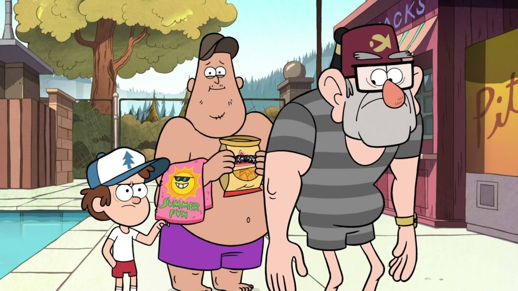 Gravity Falls wallpaper with Dipper Pines Soos and Grunkle Stan at Mystery Shack pool fun