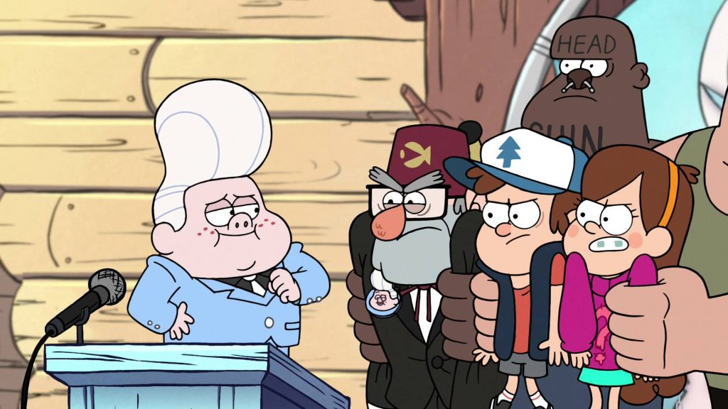 Gravity Falls wallpaper Gideon Gleeful at podium with captured Pines family and henchman