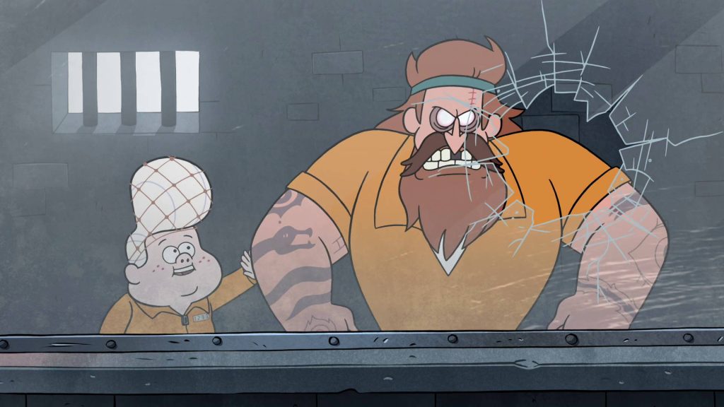Gravity Falls wallpaper with mischievous Gideon and furious tattooed prisoner breaking glass panel