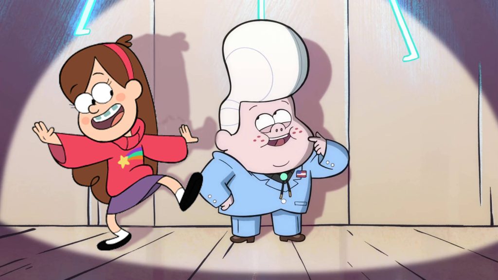 Gravity Falls wallpaper Mabel Pines dancing with Gideon Gleeful colorful stage spotlight scene