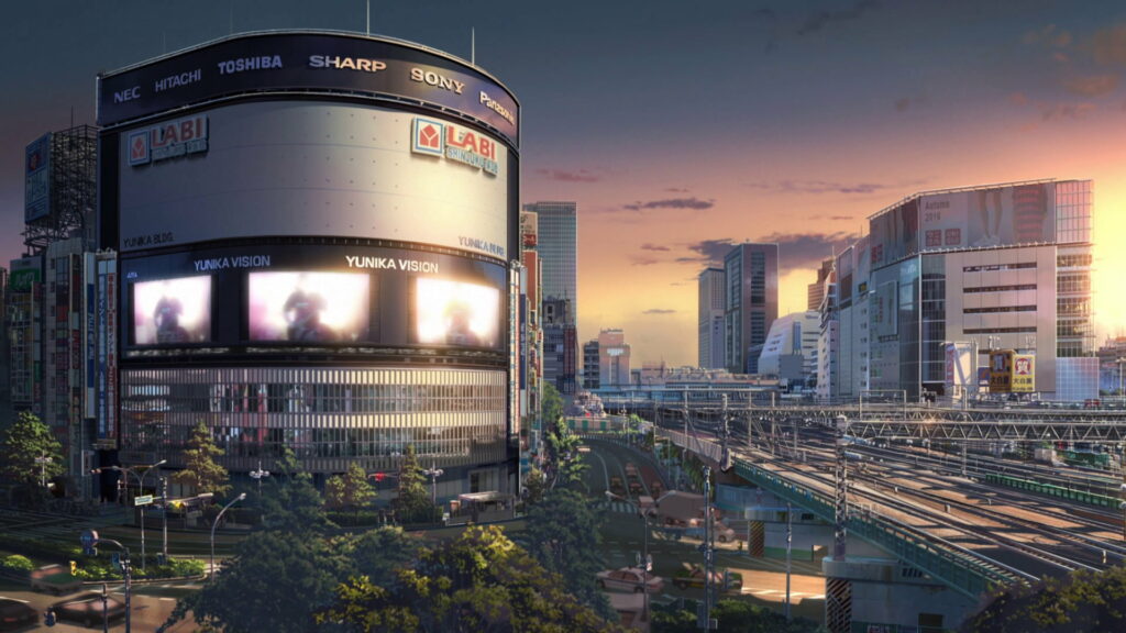Anime-style Tokyo cityscape with glowing Yunika Building and train tracks at sunset wallpaper