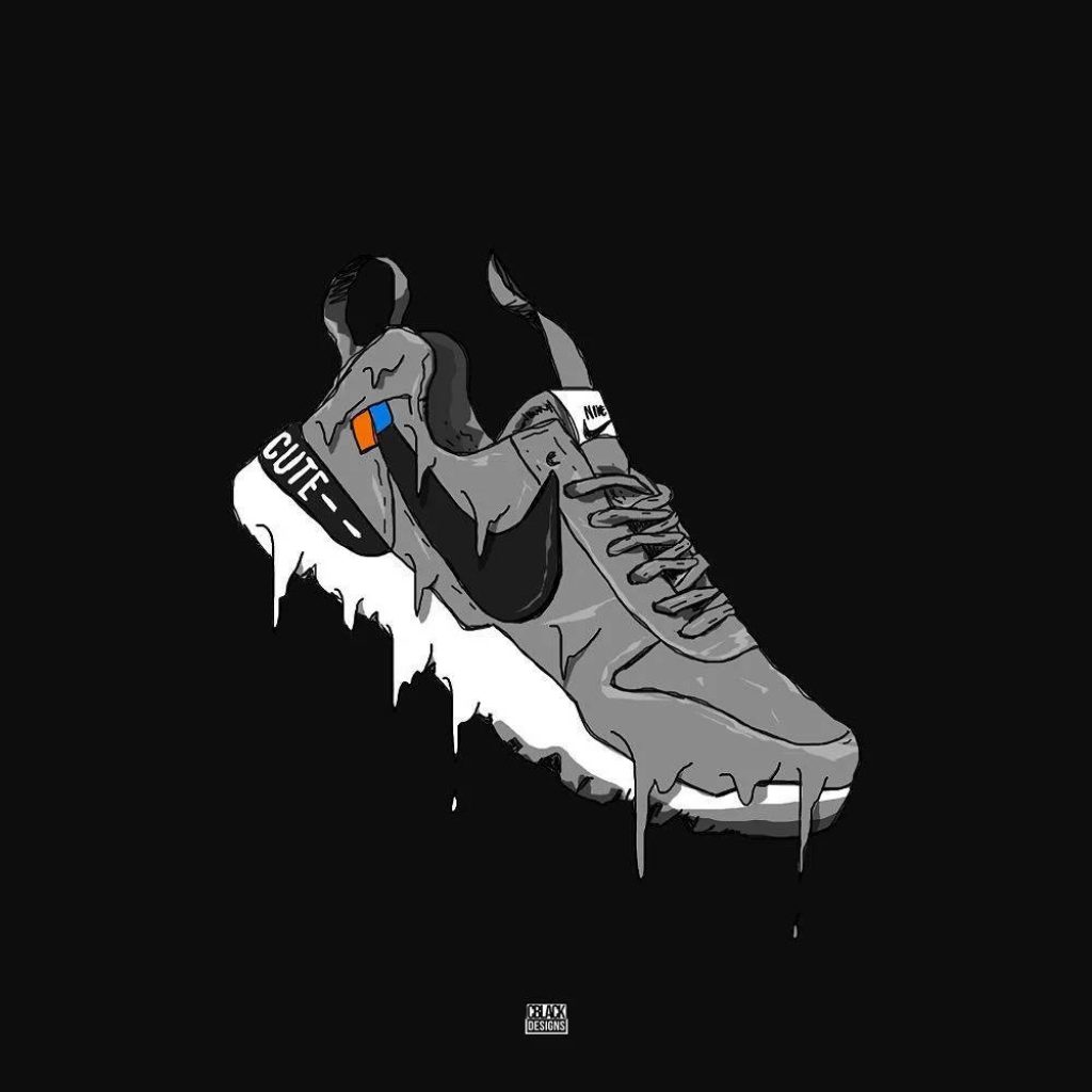 Gray Nike Air Force 1 sneaker with drip effect and bold CUTE lettering on black background wallpaper