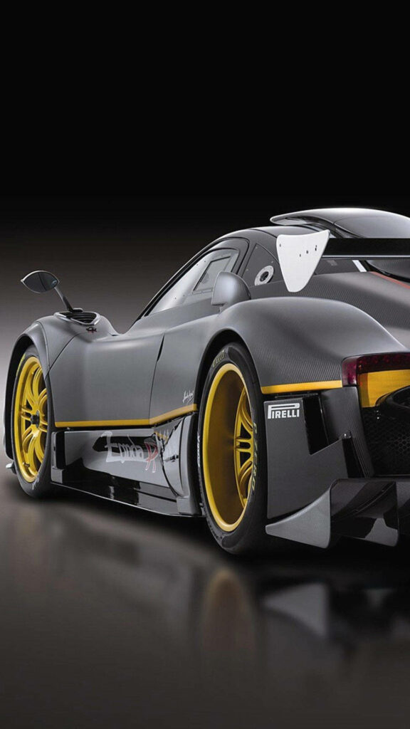 Gray Pagani Zonda R with yellow rims on dark background iPhone wallpaper for car enthusiasts