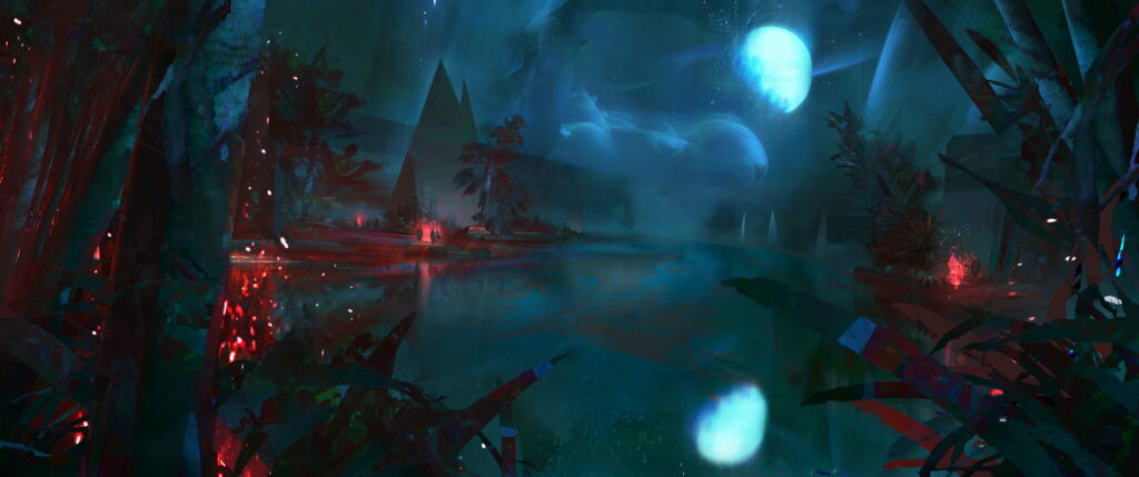 Nightfall Fantasia: Celestial Waters and Enigmatic Extraterrestrial Oasis Wallpaper