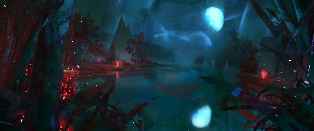 Moody alien oasis with silhouetted foliage reflective lake blue moon pyramids glowing red sci fi wallpaper