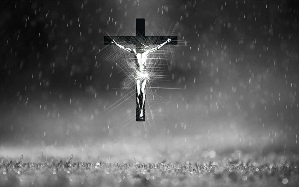 Grayscale Jesus on the Cross Wallpaper with Raindrops – Reflective Mood