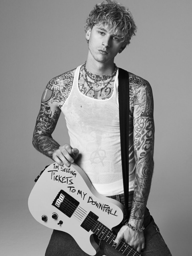 Grayscale Wallpaper: Machine Gun Kelly with Guitar & Tattoos