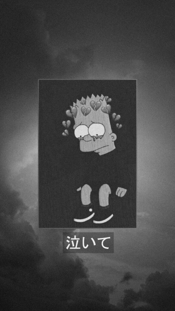 Grayscale Sad Cartoon Character Wallpaper with Cloudy Background