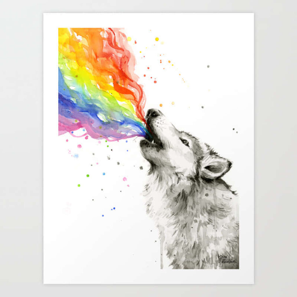 Stunning Grayscale Wolf Wallpaper with Vibrant Rainbow Stream