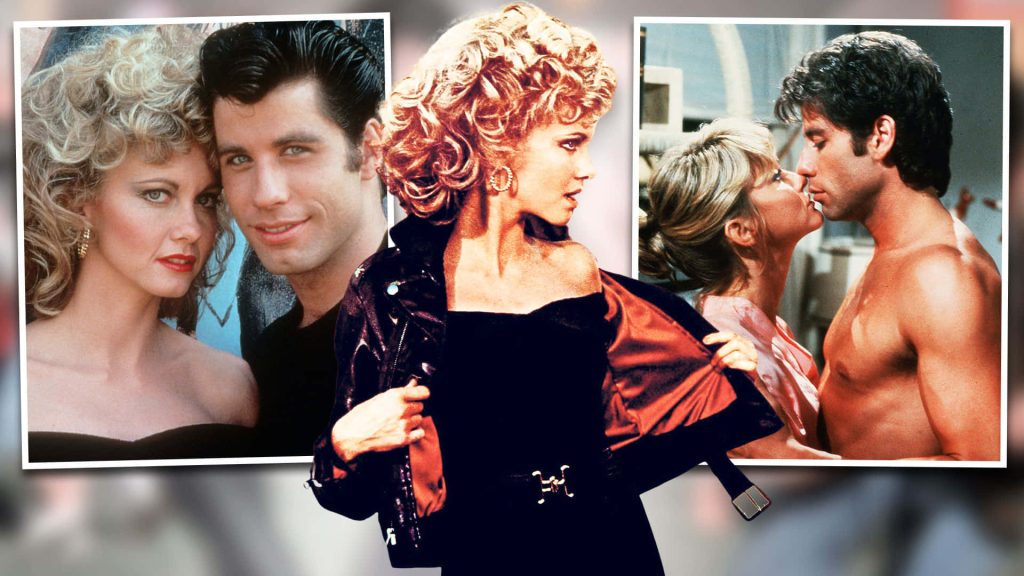 Grease 1978 collage featuring Olivia Newton John Sandy and John Travolta Danny Zuko iconic scenes Wallpaper