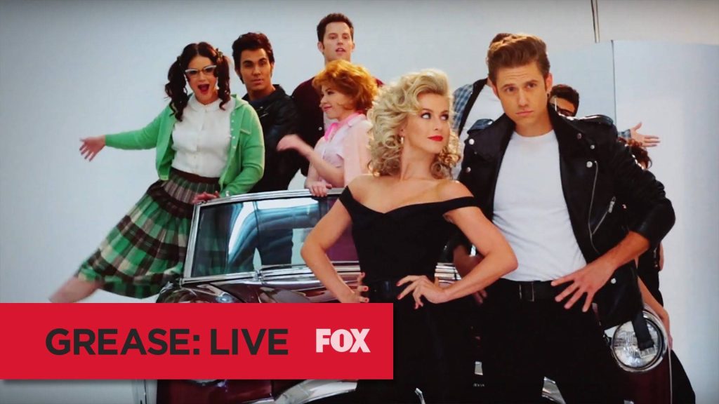 Grease Live 2016 cast with Julianne Hough and Aaron Tveit in vintage car retro studio photo wallpaper