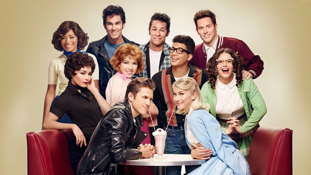 Grease Live 2016 cast portrait with Julianne Hough Aaron Tveit Vanessa Hudgens in diner Wallpaper