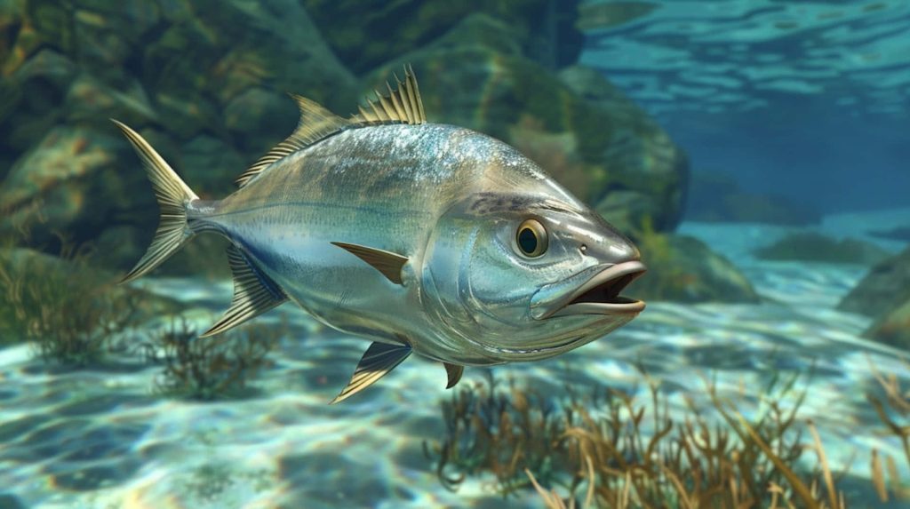 Greater Amberjack swimming in clear shallow waters with sandy seabed and aquatic plants wallpaper