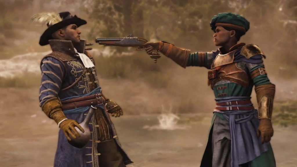 GreedFall cinematic standoff misty outdoor flintlock pistol colonial fantasy RPG game art wallpaper