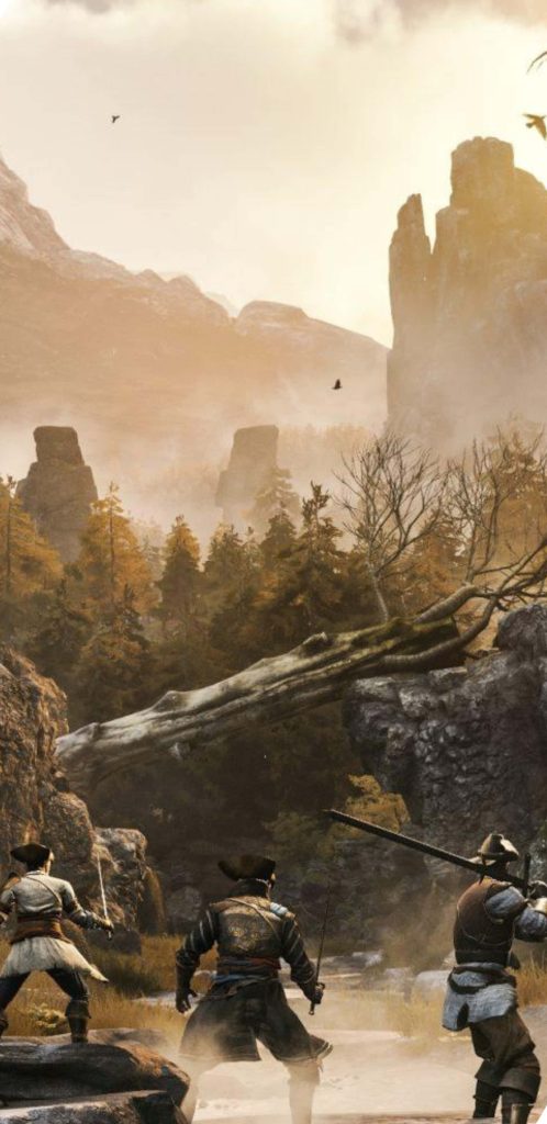 GreedFall wallpaper three adventurers 17th-century fantasy mountain pass golden light scene