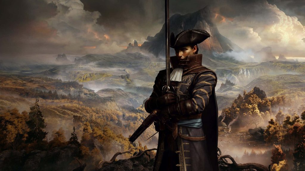 De Sardet in colonial attire with sword in misty GreedFall fantasy landscape background Wallpaper