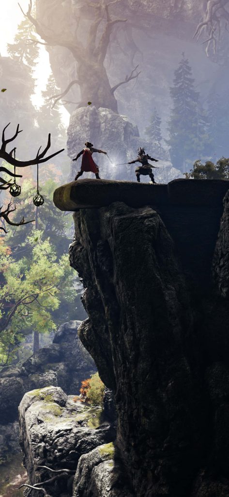 Epic GreedFall duel between colonial explorer and native warrior on misty cliff wallpaper