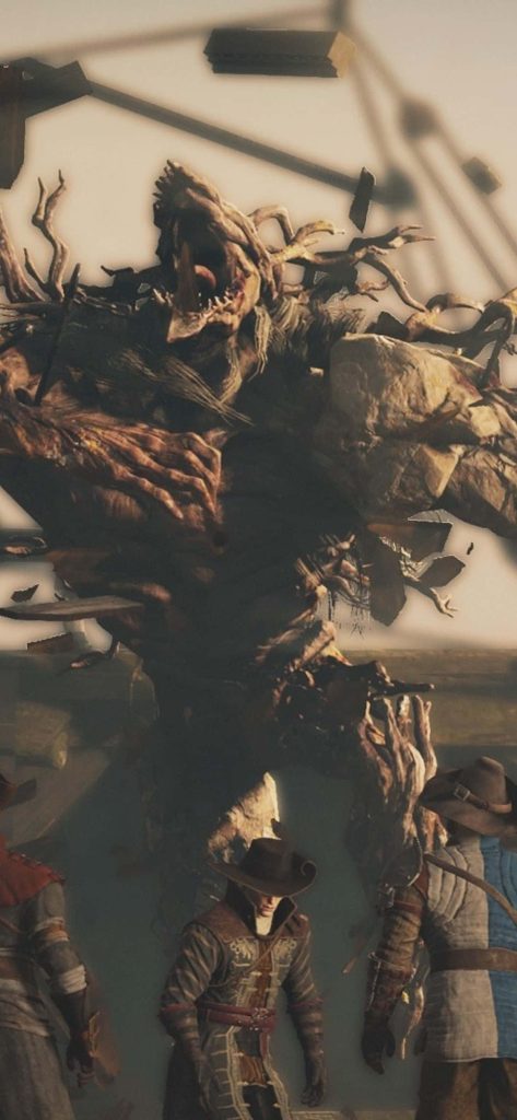 GreedFall fantasy battle scene De Sardet and allies fight colossal wood root stone Guardian creature Wallpaper
