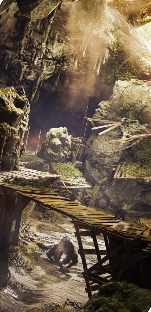 GreedFall CGI wallpaper mysterious creature under wooden bridge in sunlit rocky gorge fantasy game