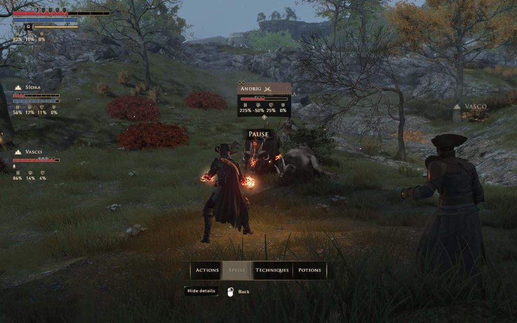 GreedFall fire magic combat with Andríg creature and companions Vasco and Síora in lush fantasy outdoors Wallpaper