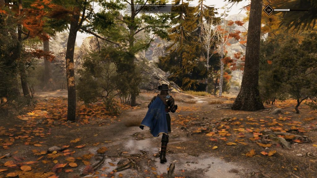 De Sardet exploring vibrant autumn forest in GreedFall RPG 17th century Teer Fradee island background Wallpaper