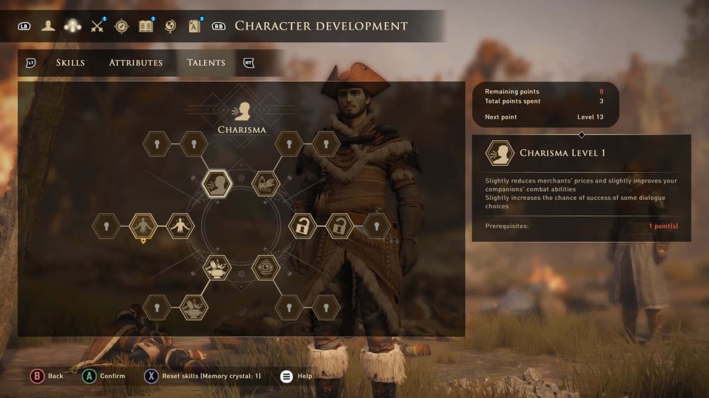 GreedFall De Sardet Charisma skill tree UI gameplay fantasy RPG tactical upgrades wallpaper