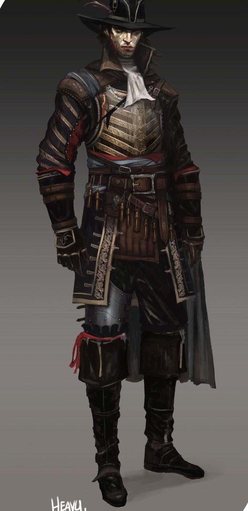 GreedFall heavy armor concept art with gold plating colonial hat and dark leather gear wallpaper