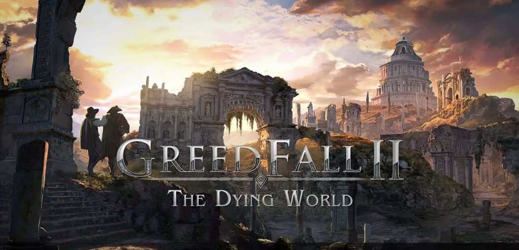 GreedFall II landscape with two adventurers overlooking ancient ruins and golden sunset sky Wallpaper