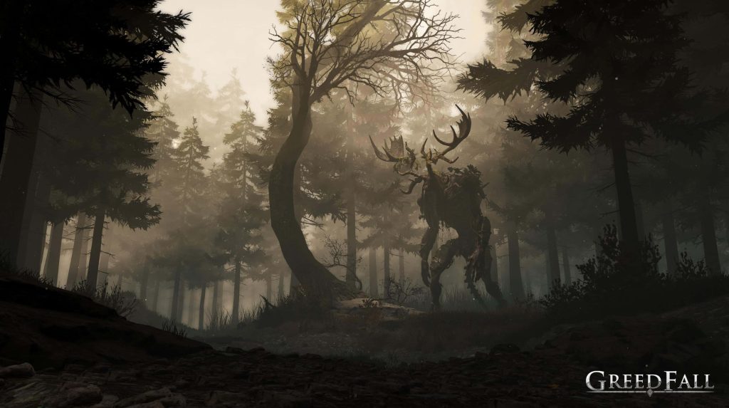 HD wallpaper of GreedFall Nadaig deer guardian in misty desaturated forest fantasy scene