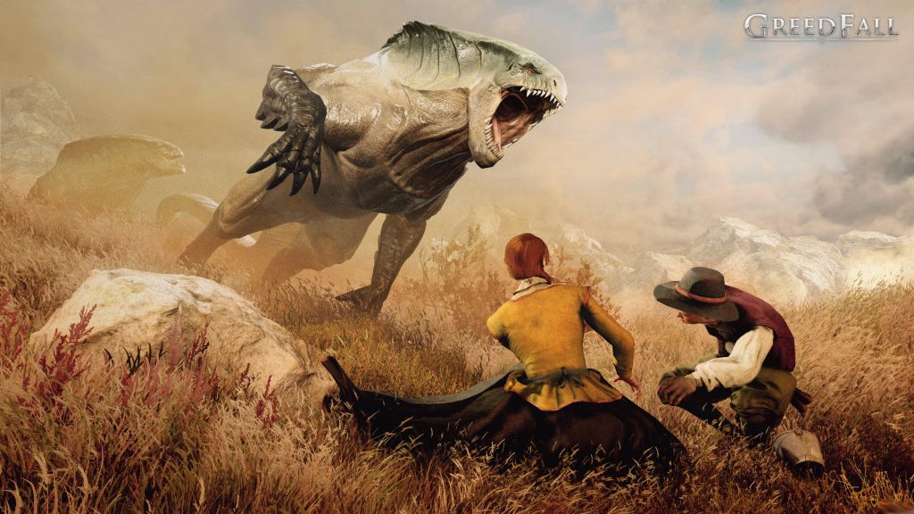 GreedFall RPG wallpaper two explorers face reptilian monster in dramatic grassy highlands scene