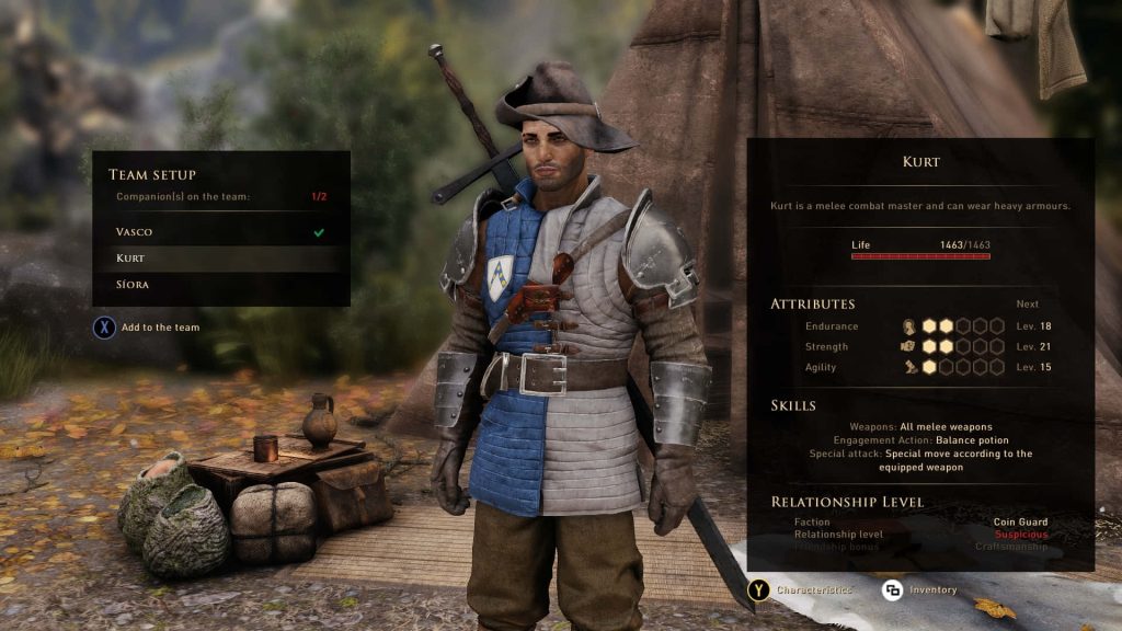 GreedFall Team Setup screen showing Kurt Coin Guard melee with armor sword and RPG stats background Wallpaper