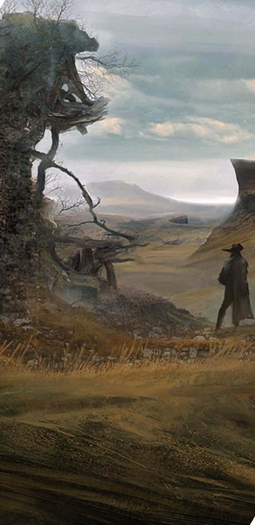Greedfall concept art lone traveler rugged cliffs ancient tree moody overcast wilderness wallpaper