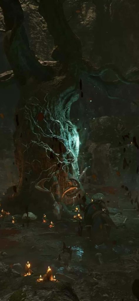 Greedfall gameplay character in period armor near glowing tree in dark fantasy forest background Wallpaper