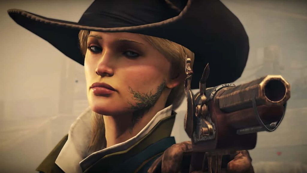 Greedfall female protagonist with vine tattoo and flintlock pistol close-up digital art wallpaper