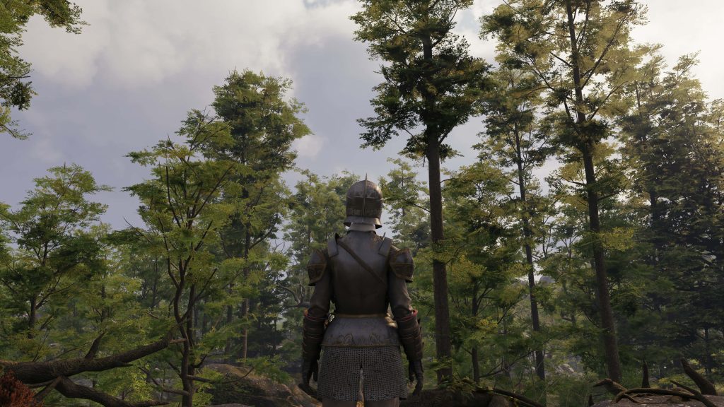 Knight in detailed plate armor facing lush forest in Greedfall HD 3D game wallpaper background