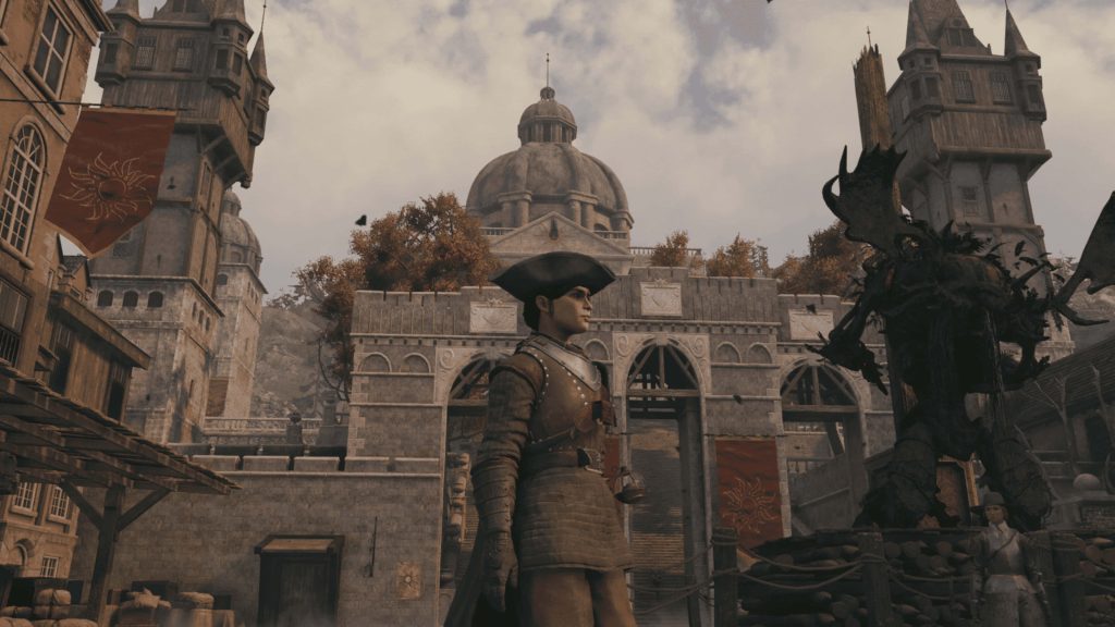 Greedfall protagonist de Sardet stands by ornate colonial stone gate RPG fantasy wallpaper background