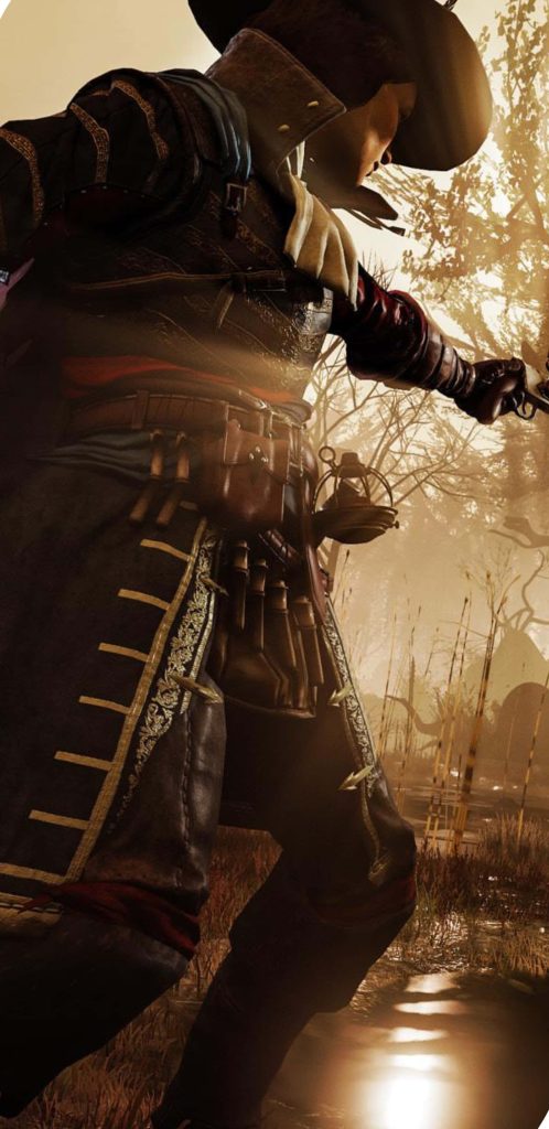 Greedfall RPG character in colonial attire with wide-brimmed hat in golden misty forest wallpaper background