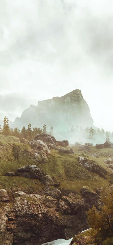 Greedfall landscape wallpaper misty mountain rocky terrain grassy hills cinematic view