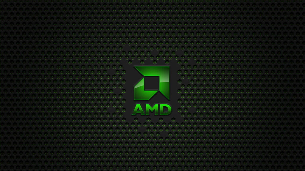 Green AMD logo on dark textured mesh background modern tech wallpaper design
