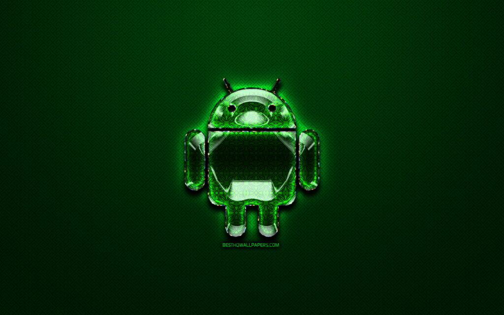 Glossy glass Android robot logo with intricate patterns on a dark green textured background wallpaper